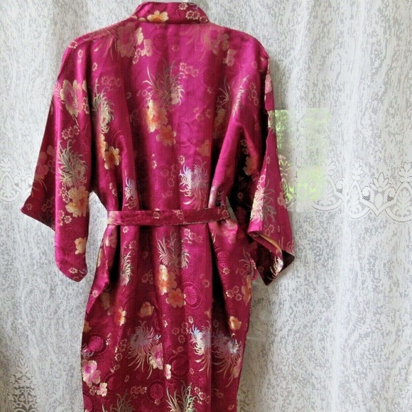 GOLDEN DRAGON kimono robe Size XL -14 Burgundy floral silky polyester - Picture 7 of 10